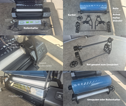 3-in-1 Rollensystem – Umspulen, Adapter, Halterung für Laminierfolien-Großrollen